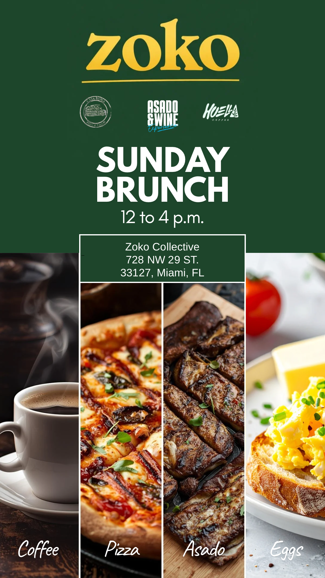 Promotional flyer for Zoko's Sunday Brunch with images of food and coffee, and contact information.